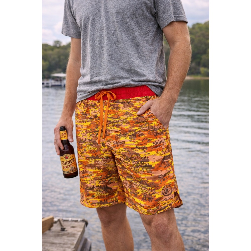 Magellan Outdoors Shiner Bock Swim Trunks Mens Medium Orange Adventure